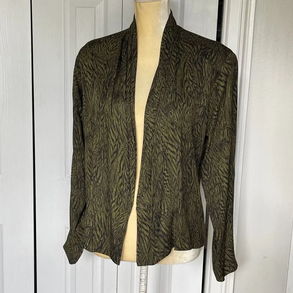 Anne Klein Vintage Silk Blouse Size 8 Green Black Surplice Button Front Top